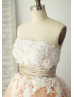 Strapless Ivory Lace Champagne Tulle Knee Length Prom Dress